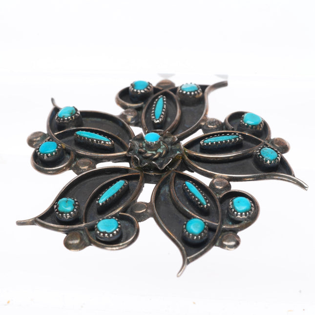 Vintage Zuni sterling silver snake eye/needlepoint turquoise flower pin/brooch