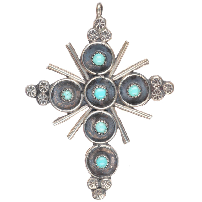 Vintage Zuni sterling silver snake eye turquoise cross pendant