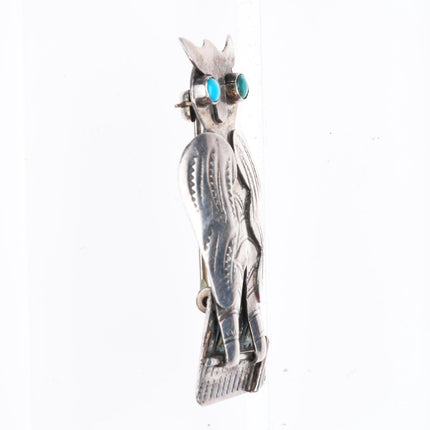 c1940's Vintage Navajo sterling silver deep stamped owl pin/brooch turquoise eye