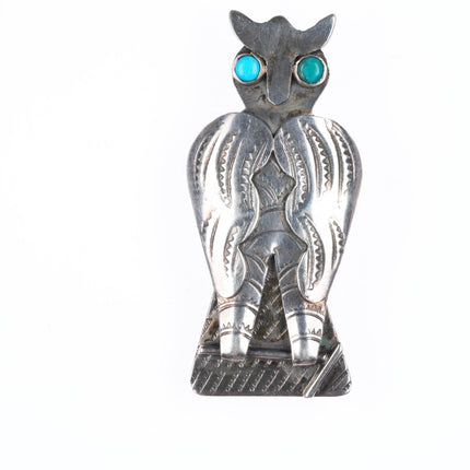c1940's Vintage Navajo sterling silver deep stamped owl pin/brooch turquoise eye