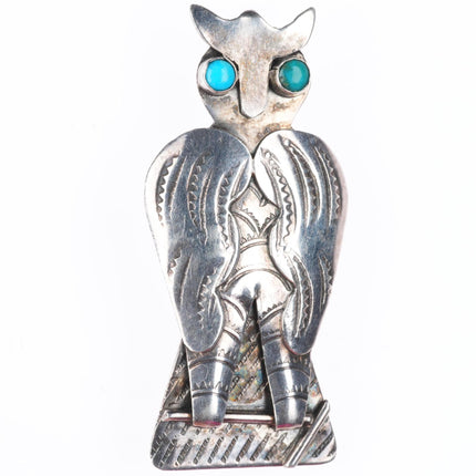c1940's Vintage Navajo sterling silver deep stamped owl pin/brooch turquoise eye