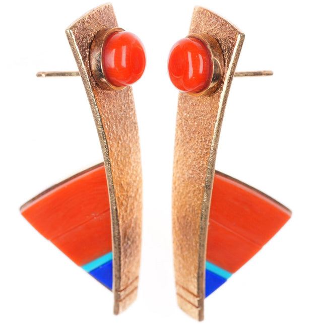 Richard Chavez Santo Domingo 14k gold coral, turquoise, lapis modernist earrings