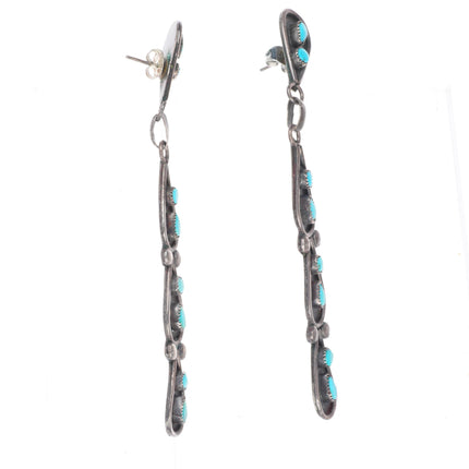 Long vintage Zuni sterling silver petit point turquoise shadowbox earrings