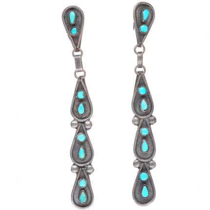 Long vintage Zuni sterling silver petit point turquoise shadowbox earrings