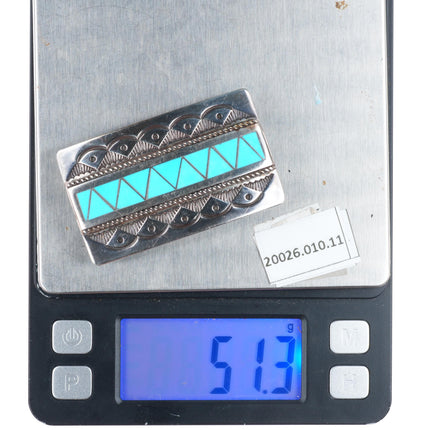 Leonard Paquin Laguna - Zuni inlaid turquoise sterling silver buckle for 1" belt