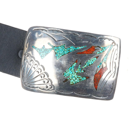 Vintage Navajo sterling silver Peyote Bird Chip inlay turquoise concho belt