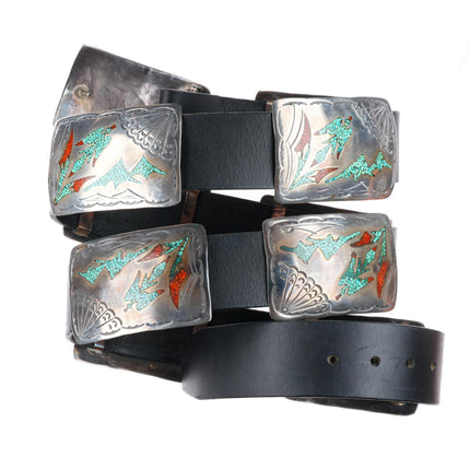 Vintage Navajo sterling silver Peyote Bird Chip inlay turquoise concho belt