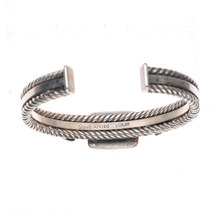 7.1" Steve Arviso Navajo sterling silver twisted wire turquoise cuff bracelet
