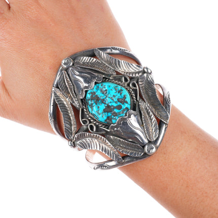 6.4" Vintage Navajo sterling silver intricately stamped cuff bracelet turquoise