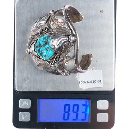 6.4" Vintage Navajo sterling silver intricately stamped cuff bracelet turquoise