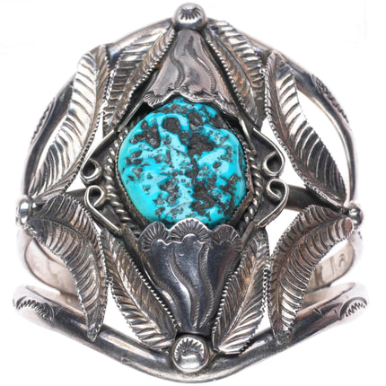 6.4" Vintage Navajo sterling silver intricately stamped cuff bracelet turquoise