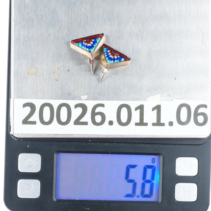 Carl & Irene Clark Navajo sterling silver intarsia Micro-mosaic inlaid earrings