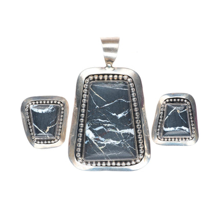 Irv Monte Navajo sterling silver White Buffalo pendant/clip-on earrings set