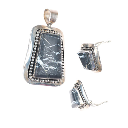 Irv Monte Navajo sterling silver White Buffalo pendant/clip-on earrings set