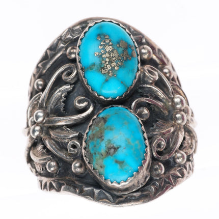 sz13 vintage Navajo sterling silver 2 stone ring with Morenci turquoise