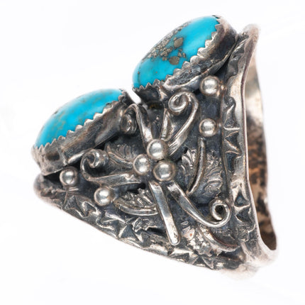 sz13 vintage Navajo sterling silver 2 stone ring with Morenci turquoise