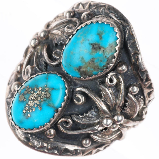 sz13 vintage Navajo sterling silver 2 stone ring with Morenci turquoise