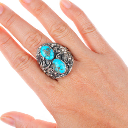 sz13 vintage Navajo sterling silver 2 stone ring with Morenci turquoise