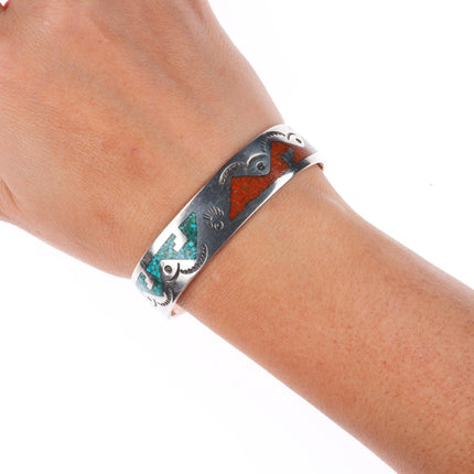 6.25" William Singer Navajo sterling silver turquoise chip inlay cuff bracelet