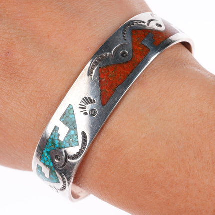 6.25" William Singer Navajo sterling silver turquoise chip inlay cuff bracelet