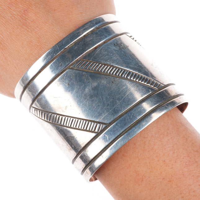 6.3" Eddie Chee Navajo wide sterling silver chiseled and stamped cuff bracelet