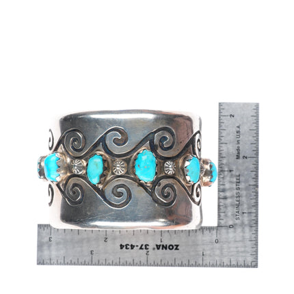 7" vintage Navajo sterling silver wide band turquoise row cuff bracelet