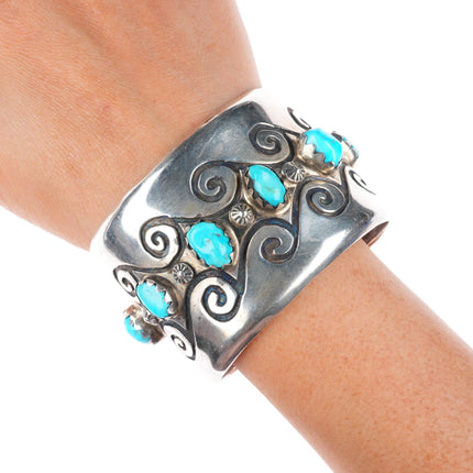 7" vintage Navajo sterling silver wide band turquoise row cuff bracelet