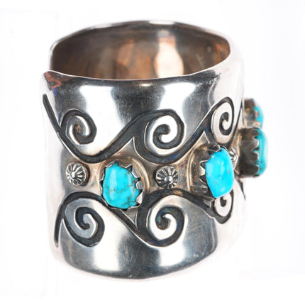 7" vintage Navajo sterling silver wide band turquoise row cuff bracelet