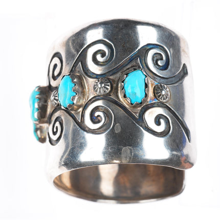 7" vintage Navajo sterling silver wide band turquoise row cuff bracelet