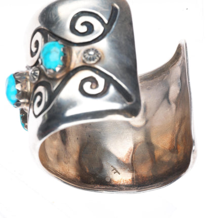 7" vintage Navajo sterling silver wide band turquoise row cuff bracelet