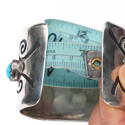 7" vintage Navajo sterling silver wide band turquoise row cuff bracelet