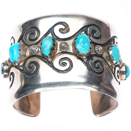 7" vintage Navajo sterling silver wide band turquoise row cuff bracelet