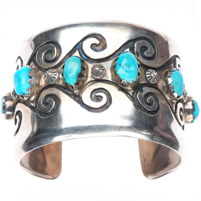 7" vintage Navajo sterling silver wide band turquoise row cuff bracelet