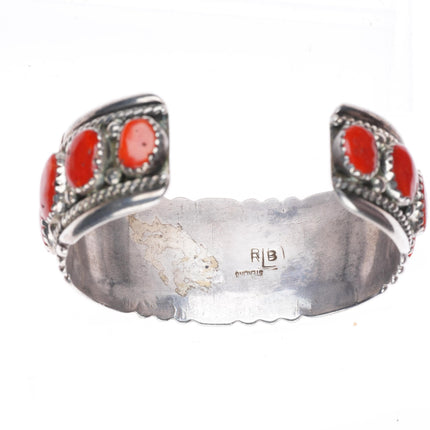 6.3" Robert & Bernice Leekya Zuni sterling silver coral row cuff bracelet