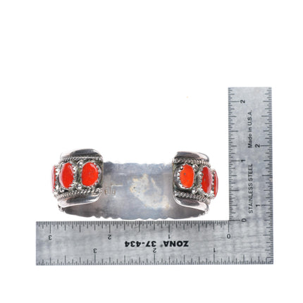 6.3" Robert & Bernice Leekya Zuni sterling silver coral row cuff bracelet