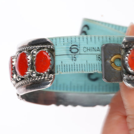 6.3" Robert & Bernice Leekya Zuni sterling silver coral row cuff bracelet