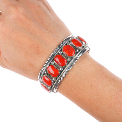 6.3" Robert & Bernice Leekya Zuni sterling silver coral row cuff bracelet