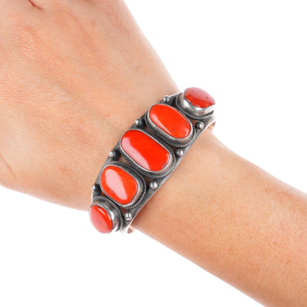 6.25" Verdy Jake Navajo sterling silver Mediterranean coral row cuff bracelet