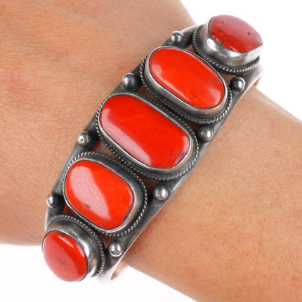 6.25" Verdy Jake Navajo sterling silver Mediterranean coral row cuff bracelet