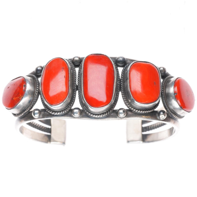 6.25" Verdy Jake Navajo sterling silver Mediterranean coral row cuff bracelet