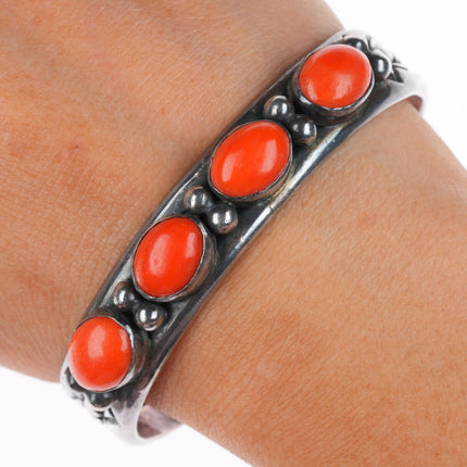 6.6" Larry Elthe Navajo deep stamped sterling silver coral row cuff bracelet