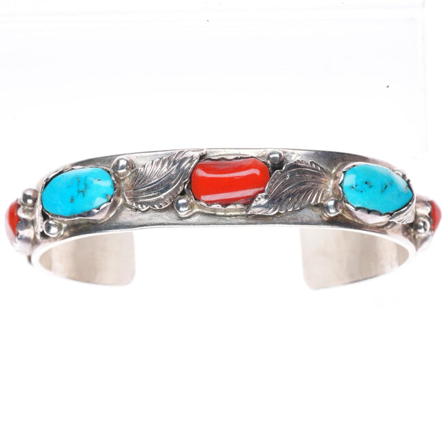6.5" vintage Simplicio Zuni sterling silver turquoise - coral row cuff bracelet
