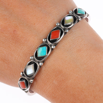 6.5" Etsate Zuni sterling silver patriotic coral, turquoise row cuff bracelet