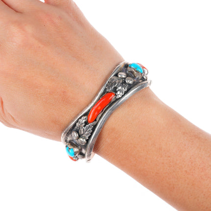 6.3" Margaret Lee Navajo sterling silver turquoise and coral cuff bracelet