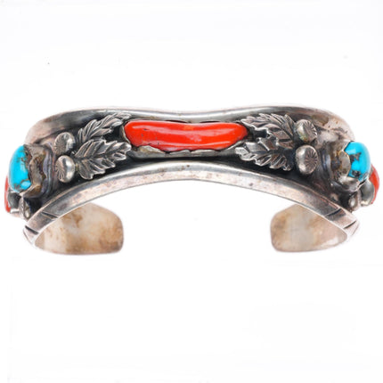 6.3" Margaret Lee Navajo sterling silver turquoise and coral cuff bracelet