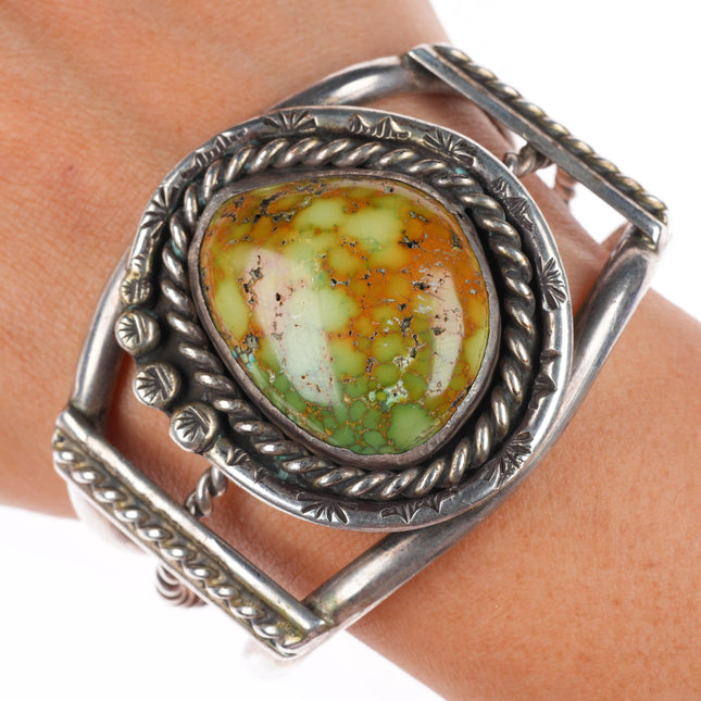 6.6" vintage Navajo sterling silver cuff bracelet with green turquoise