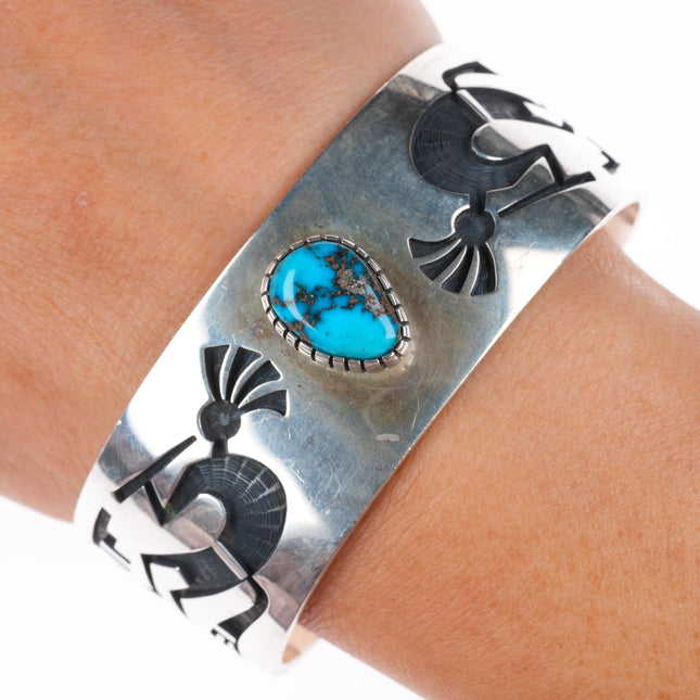 6.8" Lawrence Saufkie Hopi overlay Bisbee spiderweb turquoise cuff bracelet