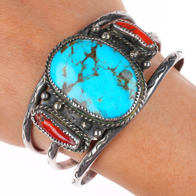 6.5" vintage SY Navajo sterling silver turquoise and coral cuff bracelet