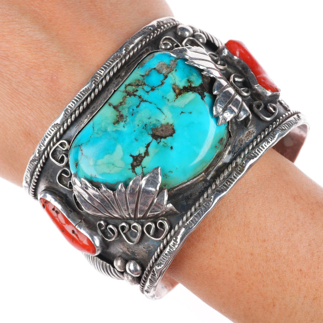 7.4" vintage Navajo sterling silver turquoise and coral cuff bracelet