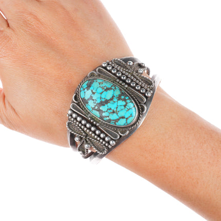6.4" c1940-50's Navajo sterling silver cuff bracelet nice spiderweb turquoise